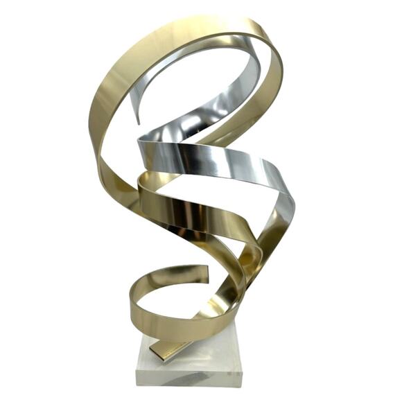 Dan Murphy 1989 Signed Two Tone Aluminum Ribbon Sculpture Lucite Base Abstract - Picture 13 of 14
